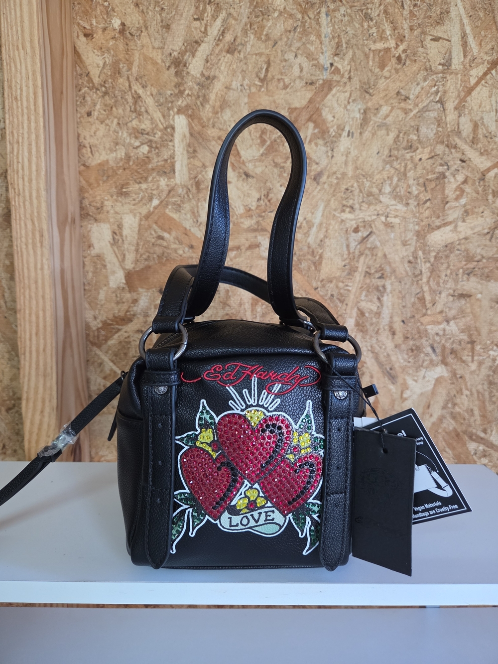 Ed Hardy Black Mini Box Satchel with Red Heart Trio